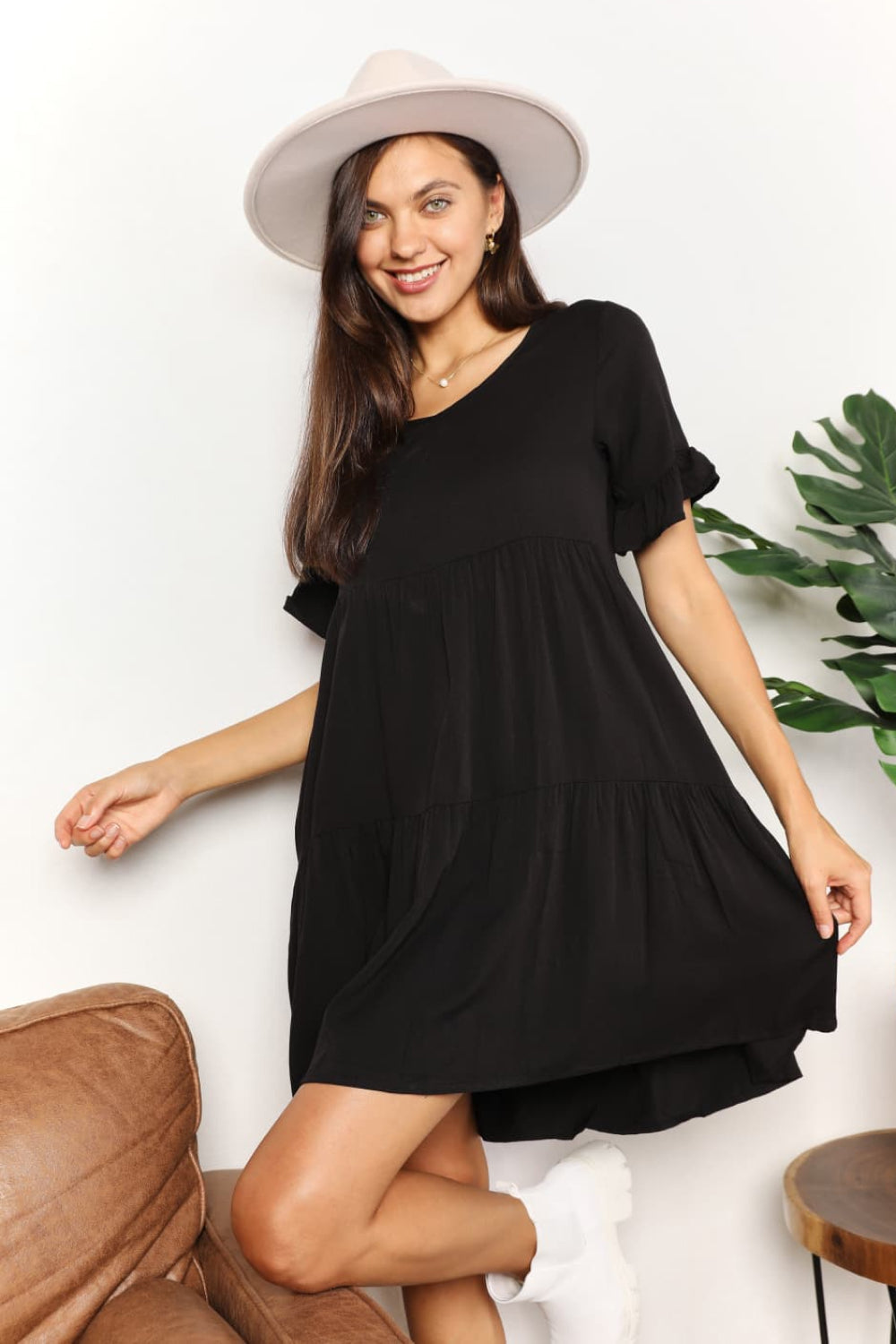 Double Take V-Neck Flounce Sleeve Tiered Dress – SKYE KIYOMI BEAUTY, LLC