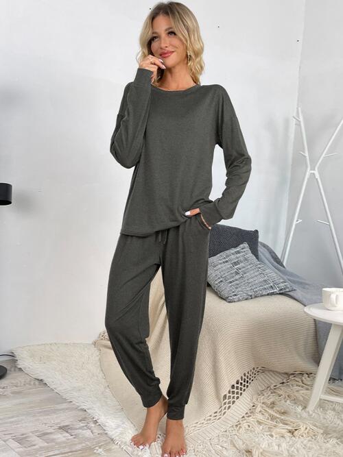 round neck long sleeves top pants set