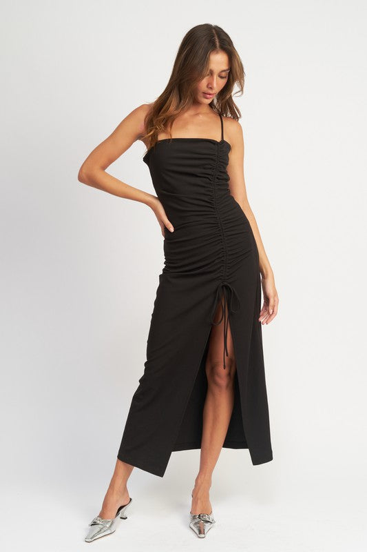 SIDE RUCHED MIDI DRESS WITH SPAGHETTI STRAPS