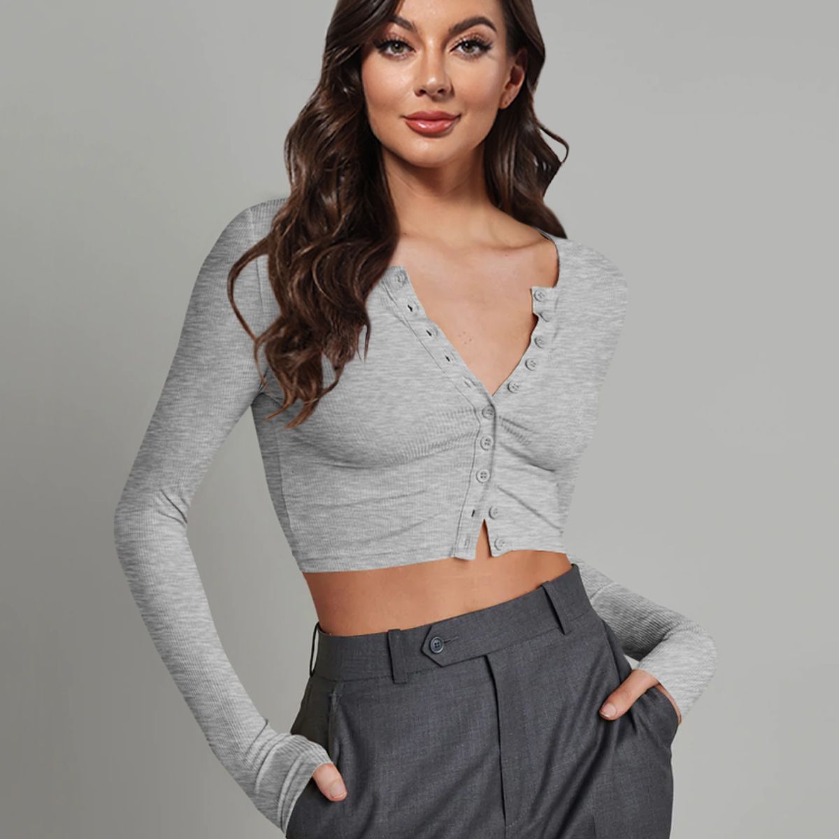 Double Take Button Down Long Sleeve Cropped Top