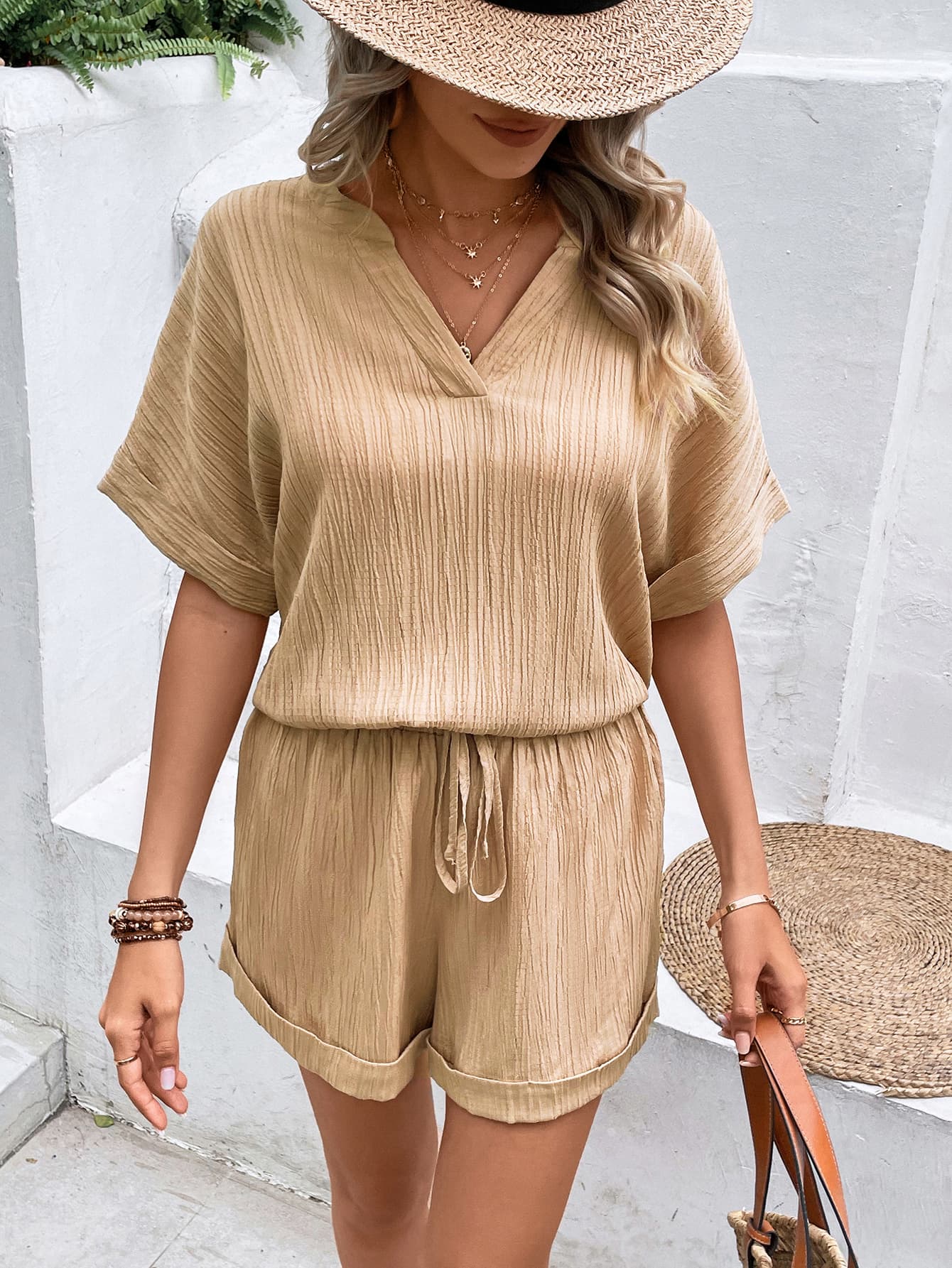 Textured Notched Neck Top and Shorts Set
