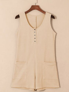 Waffle-Knit Half Button Sleeveless Romper with Pockets