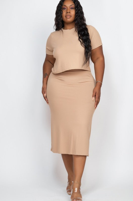 Plus size Ribbed Solid Top & Midi Skirt Set