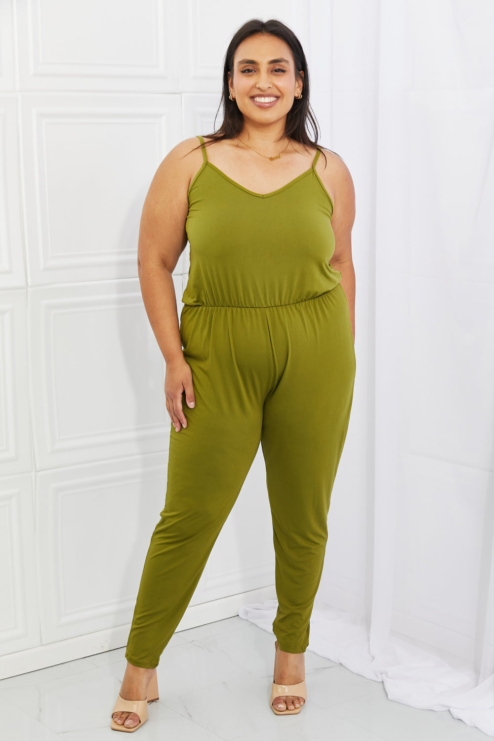 Full Size Solid Elastic Waistband Jumpsuit in Chartreuse