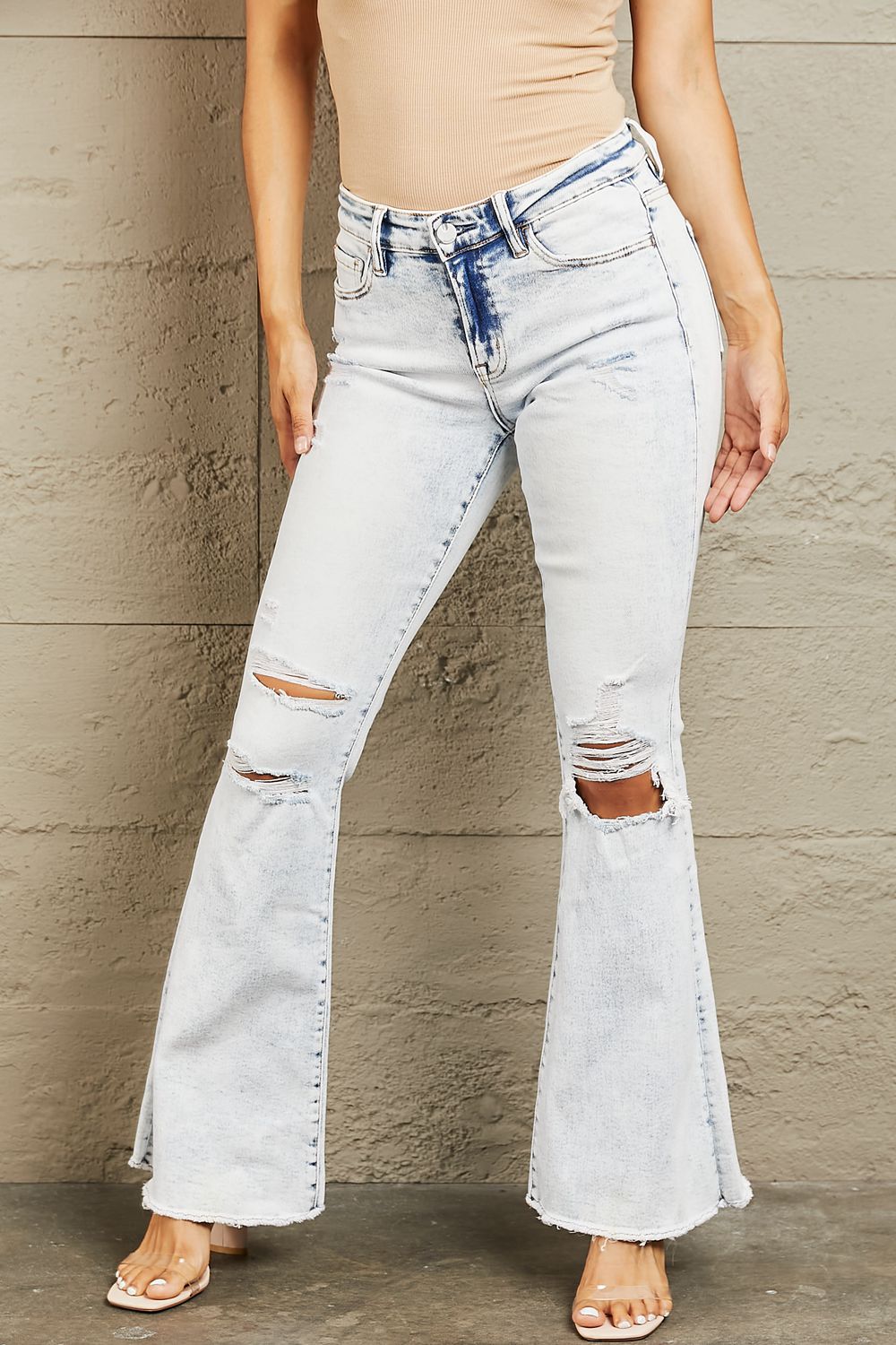BAYEAS Mid Rise Acid Wash Distressed Jeans