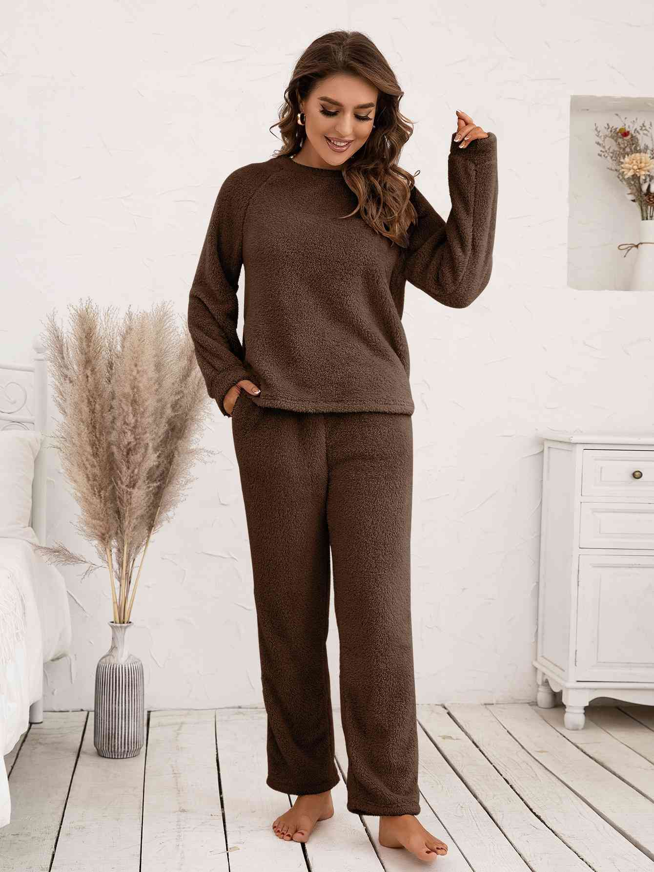 Solid plush teddy top best sale with pants lounge set