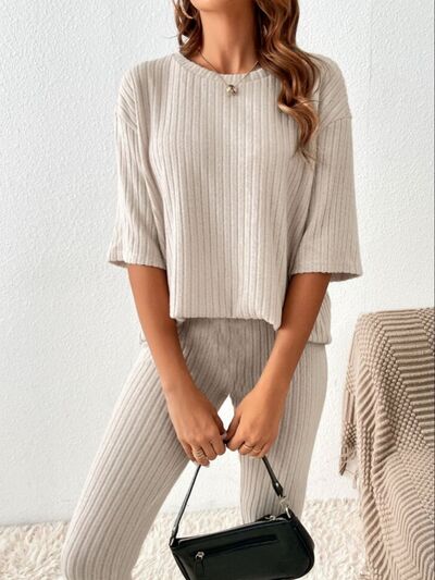Ribbed Round Neck T-Shirt and Pants Lounge Set