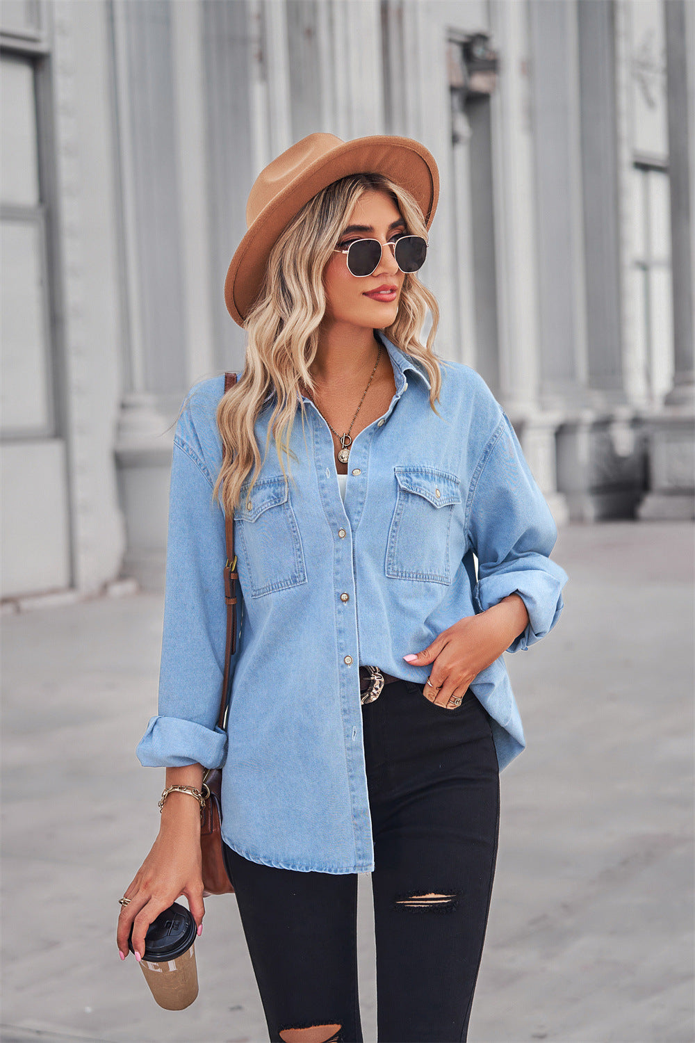 Collared Neck Dropped Shoulder Denim Top - Main Image