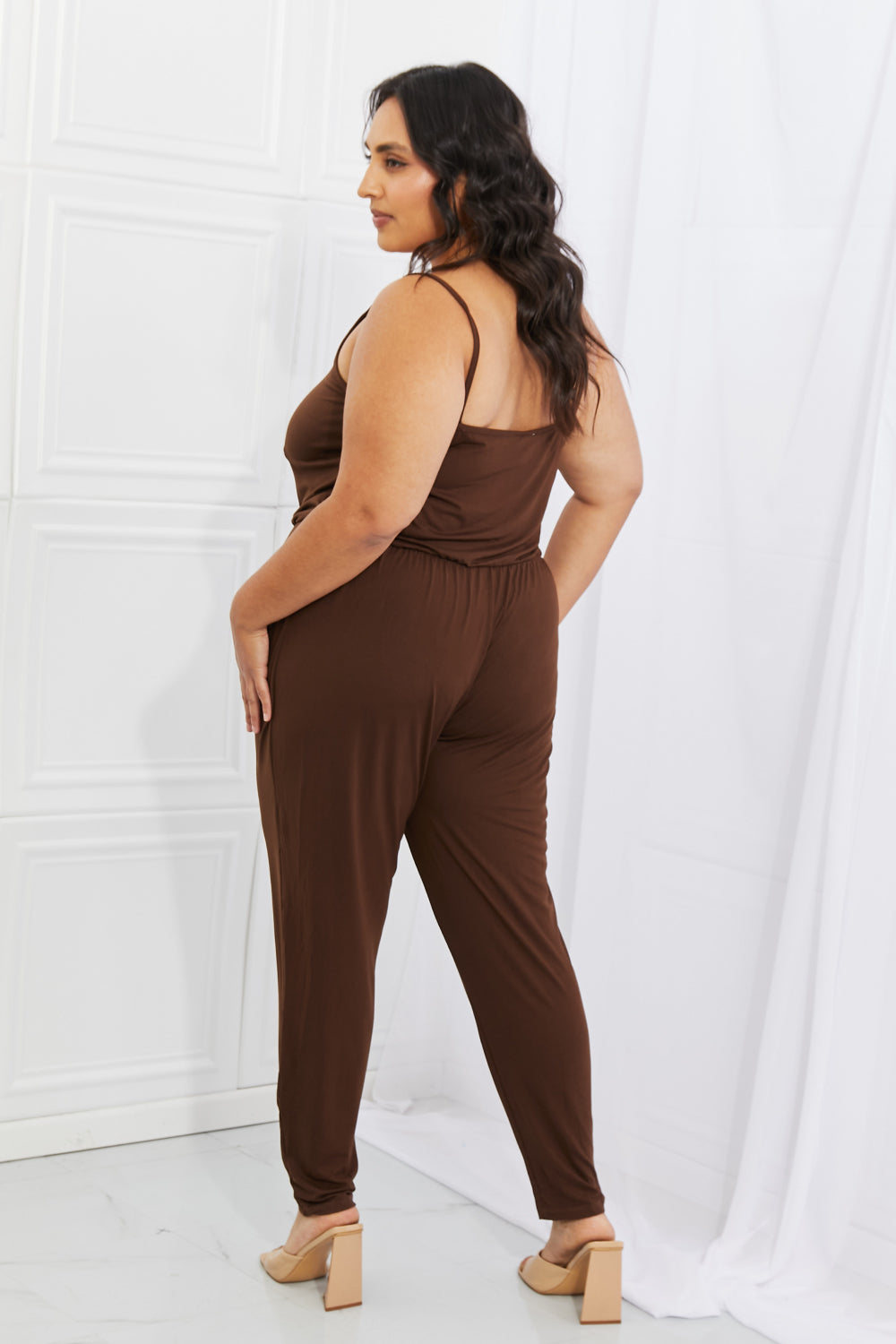 Full Size Solid Elastic Waistband Jumpsuit in Chocolate
