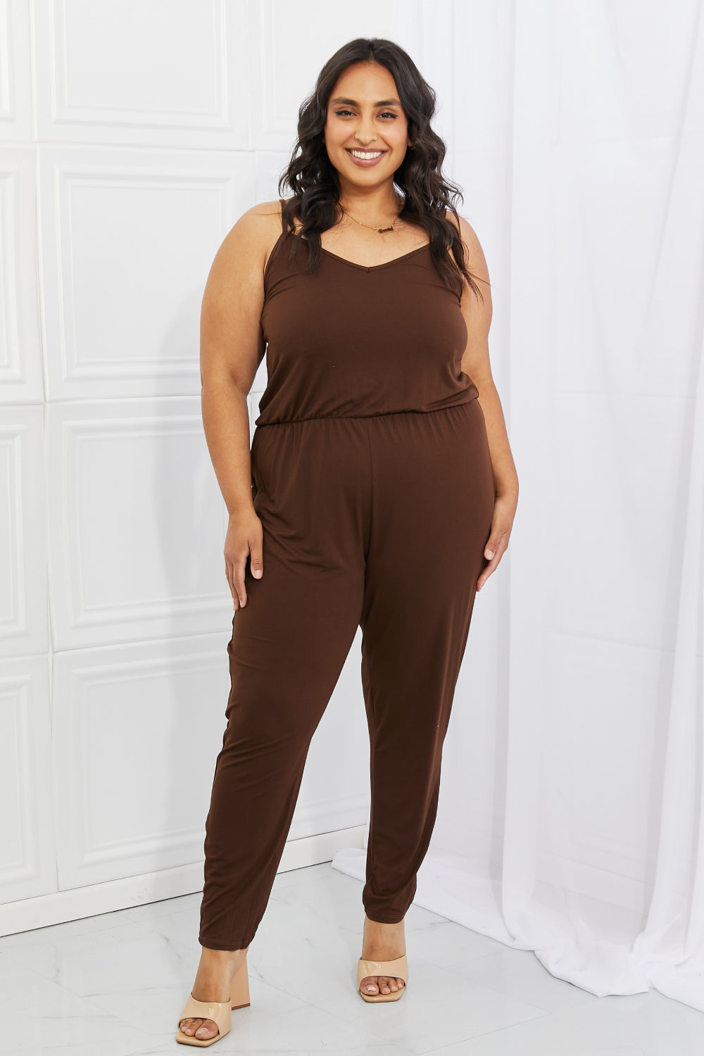 Full Size Solid Elastic Waistband Jumpsuit in Chocolate
