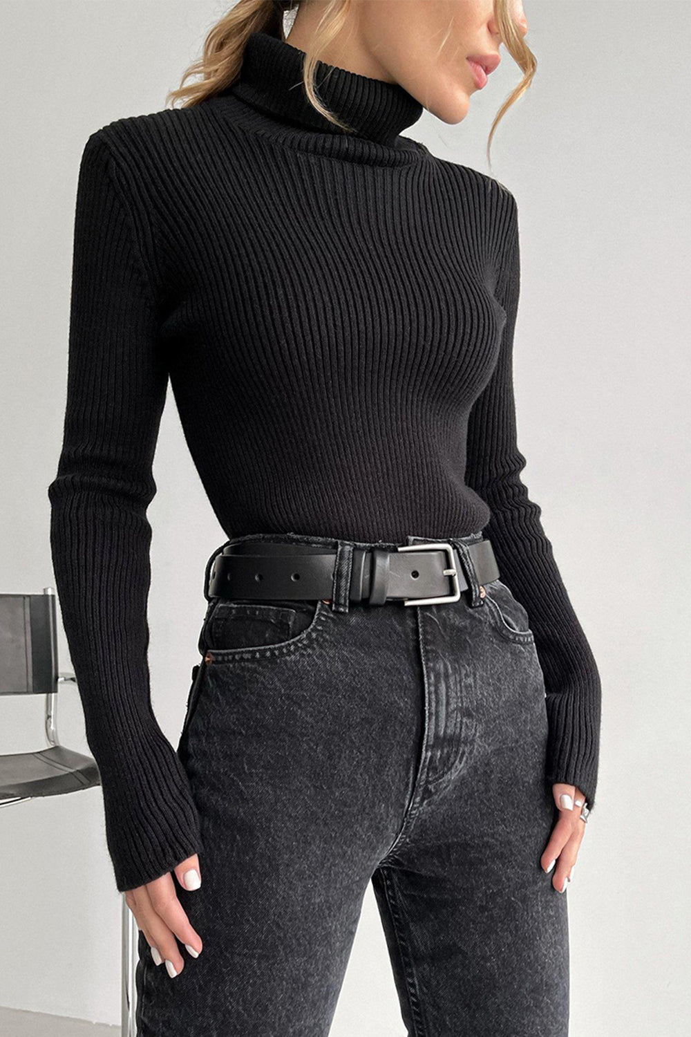 Ribbed Turtle Neck Long Sleeve Sweater