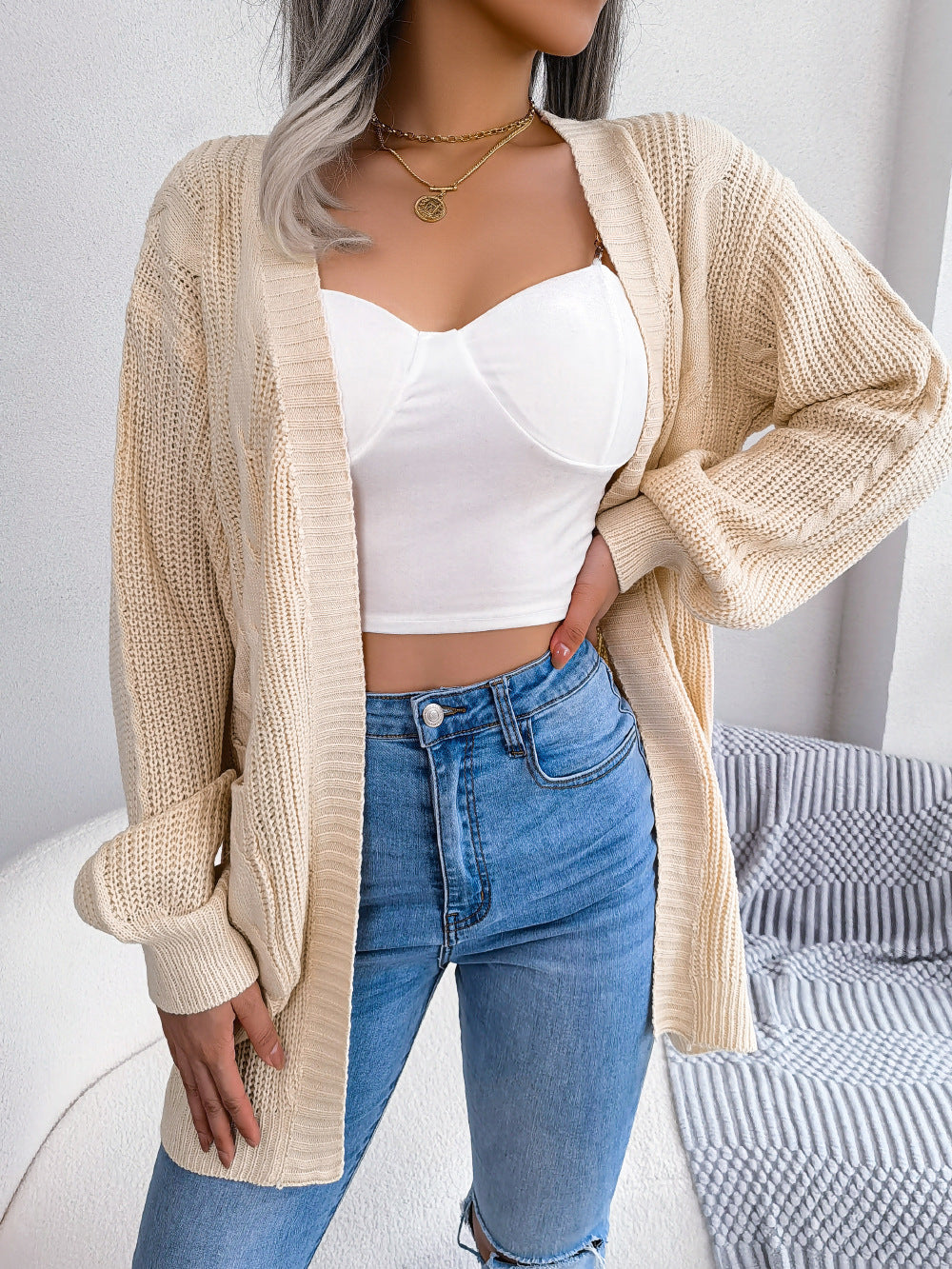 Savana Cable-Knit Open Front Pocketed Cardigan
