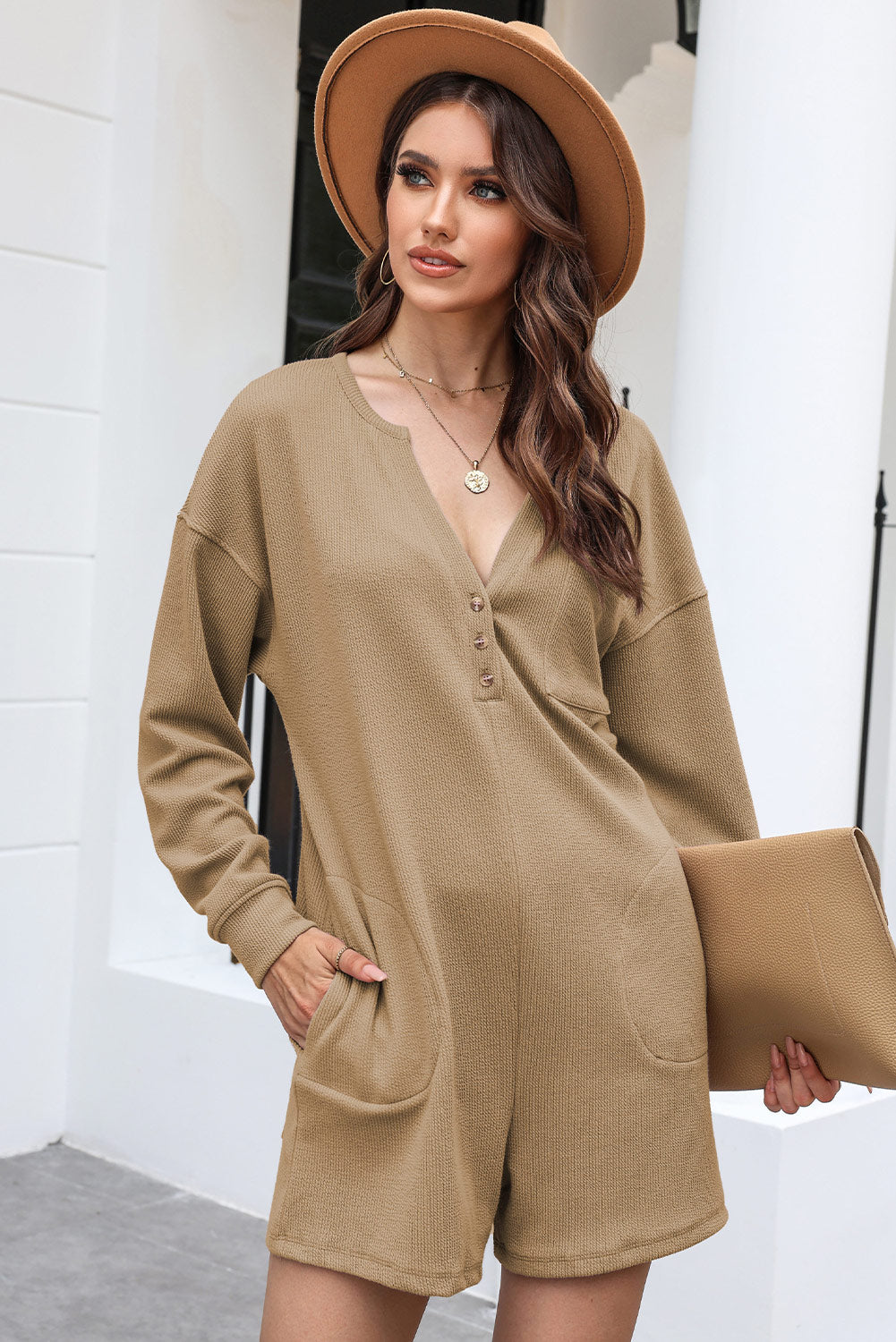 Notched Neck Long Sleeve Romper