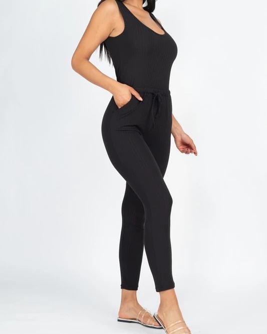 Veda Ribbed Sleeveless Drawstring Jumpsuit - SKYE KIYOMI BEAUTY, LLC#tops#bottoms#ootd#affordablefashion#affordablestyle#boutiqueshopping#sets#shortsets#pantsets#outerwear